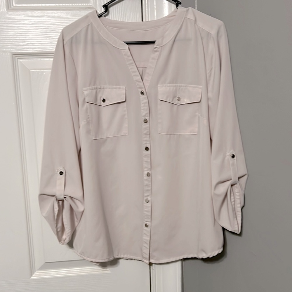 Breathable button down long sleeve top, cream/white color